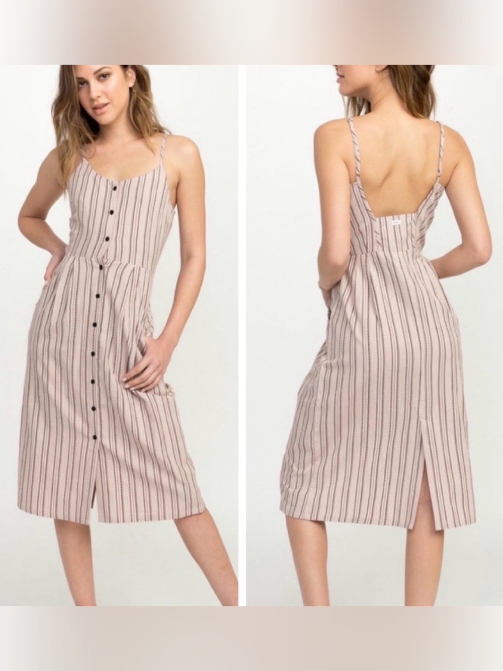 NWT RVCA Medway Neutral Stripe Button-Front Spaghetti Strap Back Slit Midi Dress